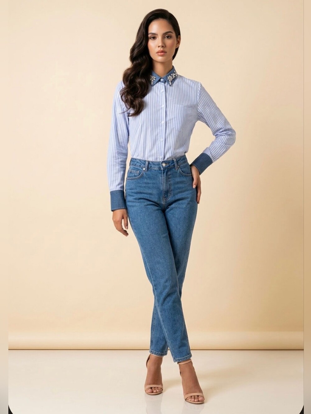 NWT Women’s Light Blue Stripe Button Down Embellished Dress Shirt